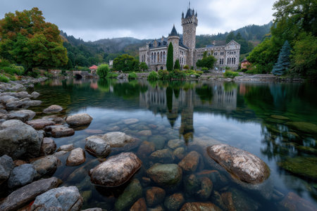 A majestic castle stands next to a serene lake, with reflections in the water and lush trees in the background.の素材