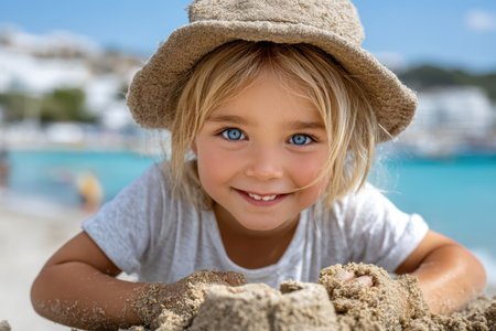 A cheerful girl plays in the sand, smiling as she creates a sandcastle under the bright sun.の素材