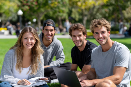 Four young adults gather on the grass, studying and enjoying a sunny day in the park.の素材