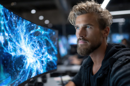 A young man concentrates on abstract data visualizations displayed on large curved screens in a tech workspace.の素材