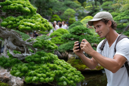 A visitor admires and photographs detailed bonsai trees amidst a beautifully landscaped garden during daytime.の素材