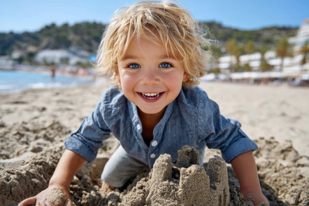 Young boy with curly hair plays in sand, creating a sandcastle with excitement on a sunny beach.の素材