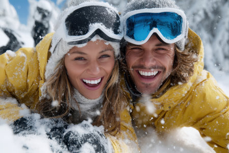 Joyful couple dressed in warm winter jackets plays in the snow, surrounded by a snowy mountain landscape.の素材