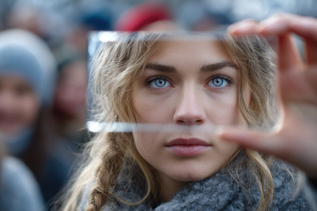 A young woman with blue eyes closely examines a transparent glass sheet while surrounded by a winter crowd.の素材