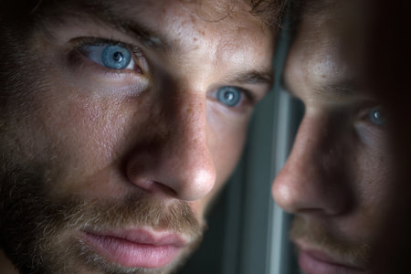 A man with blue eyes gazes intently at his reflection in a dimly lit setting, conveying deep emotion.の素材