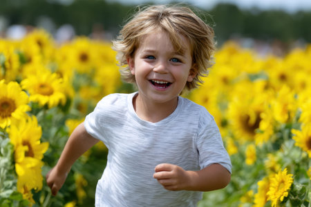 A cheerful child runs among beautiful sunflowers, displaying pure happiness and excitement.の素材
