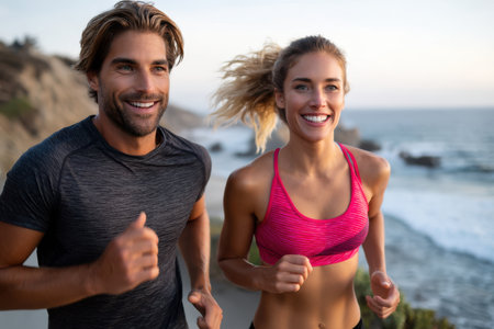 Two individuals run side by side on a scenic beach as the sun sets over the water, enjoying their workout.の素材