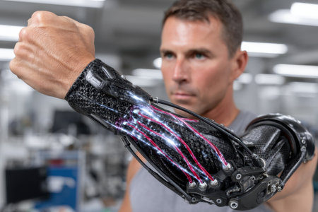 A man demonstrates his advanced bionic arm, highlighting its intricate features in a modern workspace.の素材