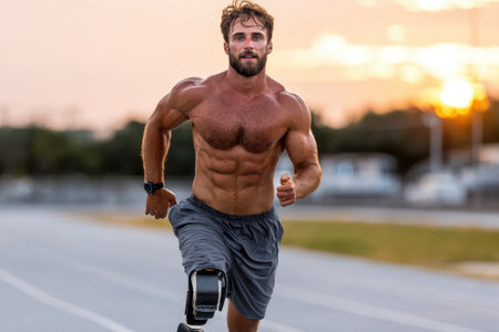 Muscular man runs energetically on an outdoor track as the sun sets, showing determination and strength.の素材