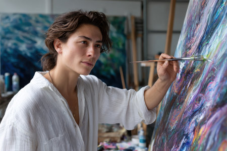 Artist focuses intently on painting with vibrant colors in a bright studio filled with artistic tools.の素材