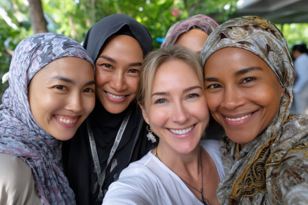 Five women with various headscarves pose happily together in a vibrant green garden on a sunny day.の素材