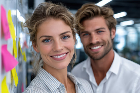 Two smiling colleagues stand in a trendy workspace filled with colorful sticky notes, engaged in discussion.の素材