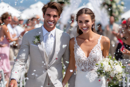 Joyful couple walks hand in hand after their wedding ceremony, surrounded by guests tossing confetti in celebration.の素材