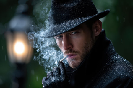 A well-dressed man in a hat and coat smokes a cigarette while standing near a lamp post in the rain.の素材