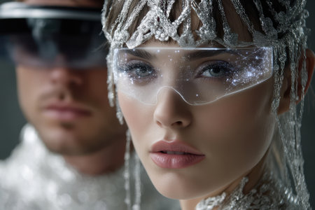 Two models spotlight stunning futuristic attire with unique accessories at an evening fashion showcase.の素材