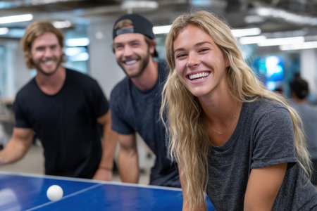 Three friends smile while playing ping pong in a sleek, well-lit office space during work hours.の素材