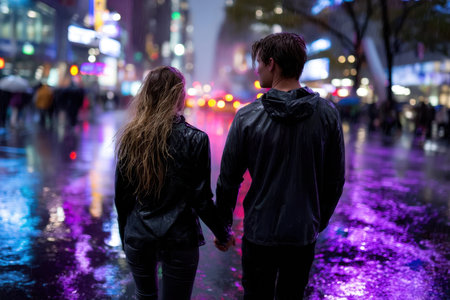 A couple strolls closely together, holding hands under the rain on a bustling city street filled with colorful lights.の素材