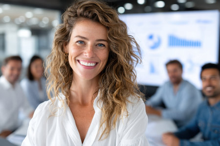 A confident woman smiles at the camera while her colleagues engage in a productive meeting in the background.の素材