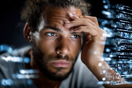 A man shows concern while examining streams of data on a computer screen in a dark room.の素材