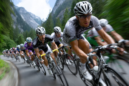 Competitive cyclists navigate a winding road surrounded by lush forests and towering mountains during a race.の素材