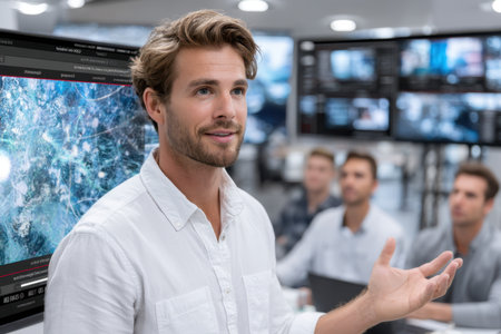 A man presents insights on data analytics to a group in a contemporary workspace filled with screens.の素材