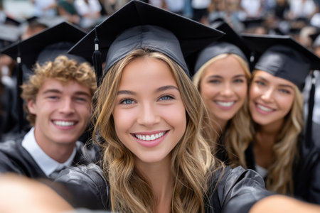 Group of graduates wearing caps and gowns take a joyful selfie at their graduation ceremony, celebrating achievements.の素材