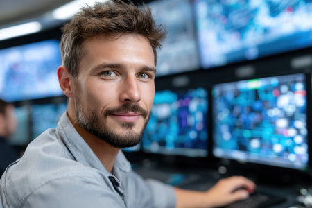 Focused individual engages with multiple computer screens, analyzing data in a busy control room setting.の素材