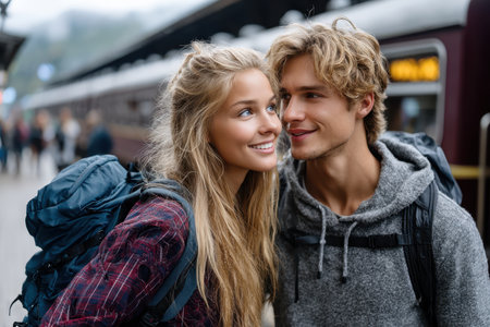 Two travelers share a moment at a train station, smiling and preparing for their adventure.の素材