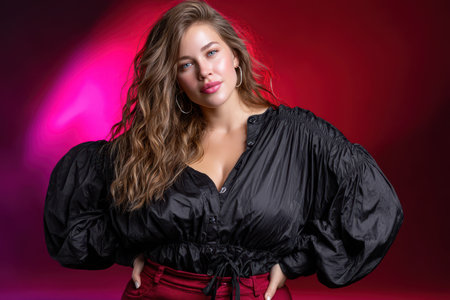 A confident model showcases a trendy black top and striking red pants in a dramatic light setting.の素材