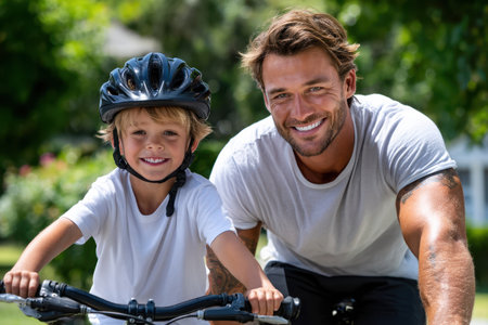A happy father and son are biking together on a bright, sunny day in their neighborhood. Both are smiling.の素材