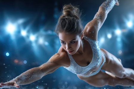 A skilled gymnast executes a breathtaking aerial move, showcasing strength and grace in a dramatic setting.の素材