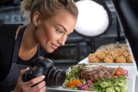 A food stylist focuses intently on a beautifully arranged plate of gourmet food in a kitchen setting.の素材