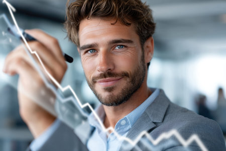 A well-dressed man with a confident smile examines business growth graphs in a contemporary office.の素材