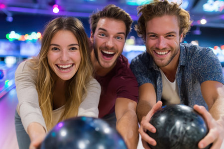 Three friends hold black bowling balls, smiling widely while enjoying a lively evening at the bowling alley.の素材