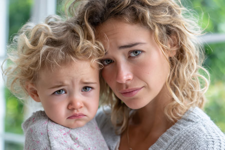 A mother holds her sad child close, both wearing expressions of worry in a bright, warm indoor setting.の素材
