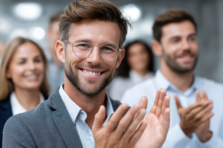 A man wearing glasses smiles and claps during a professional gathering with coworkers in an office space.の素材