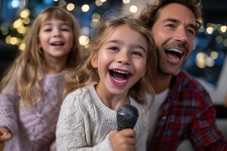A father and his two daughters gather for an enjoyable karaoke night filled with singing, smiles, and laughter.の素材