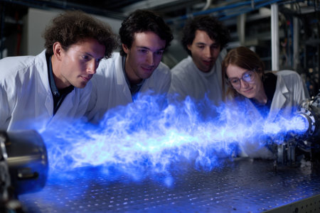 Four university students in lab coats focus intently on a plasma experiment emitting blue flames in a lab setting.の素材