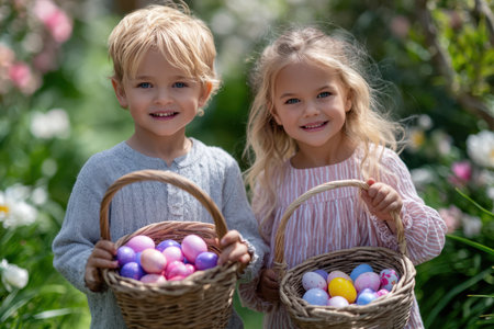 Children enjoy an Easter egg hunt, smiling brightly while carrying baskets filled with pastel-colored eggs.の素材