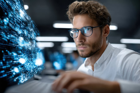 A male software developer intently works on a laptop while surrounded by digital data visuals in a dimly lit room.の素材