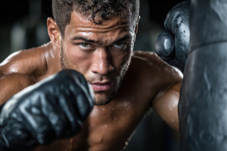 A focused boxer trains rigorously in a gym, showing determination and skill while hitting a heavy bag.の素材