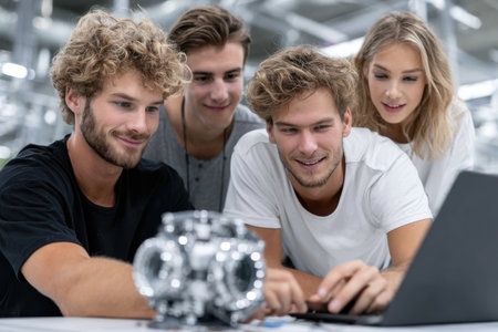Four young individuals focus on laptop screen while discussing engineering project with enthusiasm.の素材