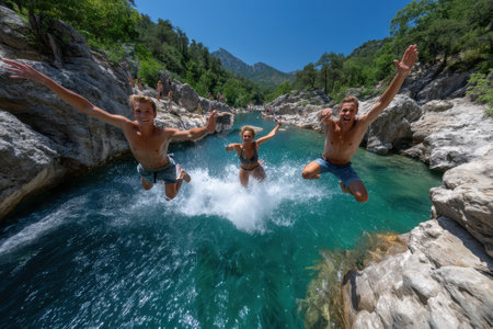 Three friends joyfully leap into the turquoise water from a rocky ledge surrounded by trees and mountains.の素材