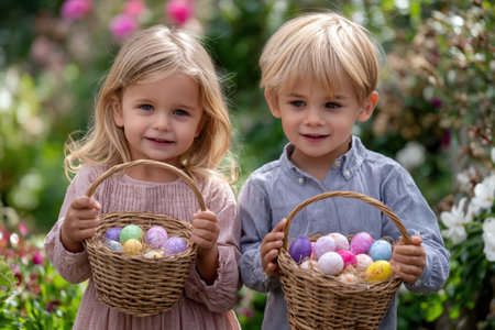 Two cheerful children hold woven baskets filled with pastel-colored Easter eggs surrounded by blooming flowers.の素材