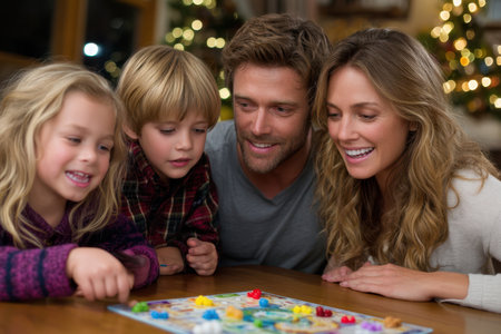 Four family members engage in a board game around the table, celebrating together during the holidays.の素材