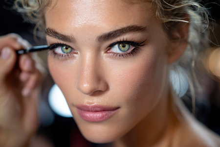 A model prepares for a fashion show by applying eyeliner with focused precision in a well-lit environment.の素材