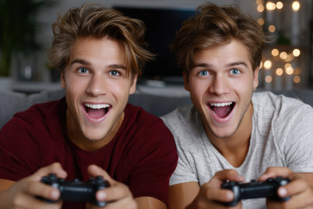 Friends are playing video games together, laughing and having fun in a comfortable living room environment.の素材