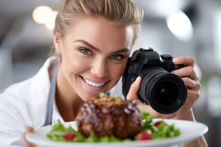 A chef smiles while holding a beautifully plated dish, taking a picture of her culinary creation in the kitchen.の素材