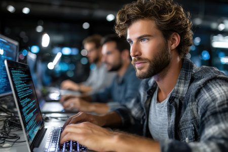 Young men focus on their laptops, coding and collaborating in a well-lit tech workshop late at night.の素材
