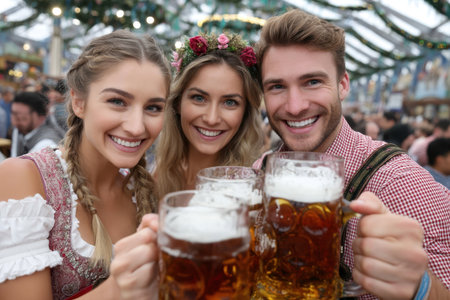 A group of three friends celebrates with large beer mugs in a lively festival tent, surrounded by Merriment.の素材